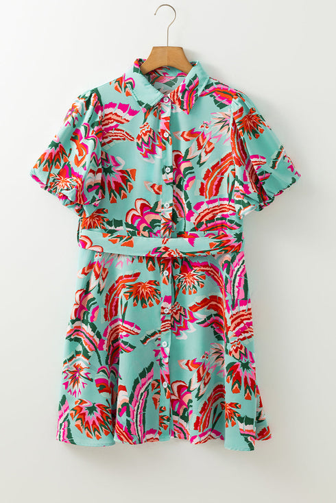 Green Abstract Print Lace-up High Waist Buttoned Mini Dress